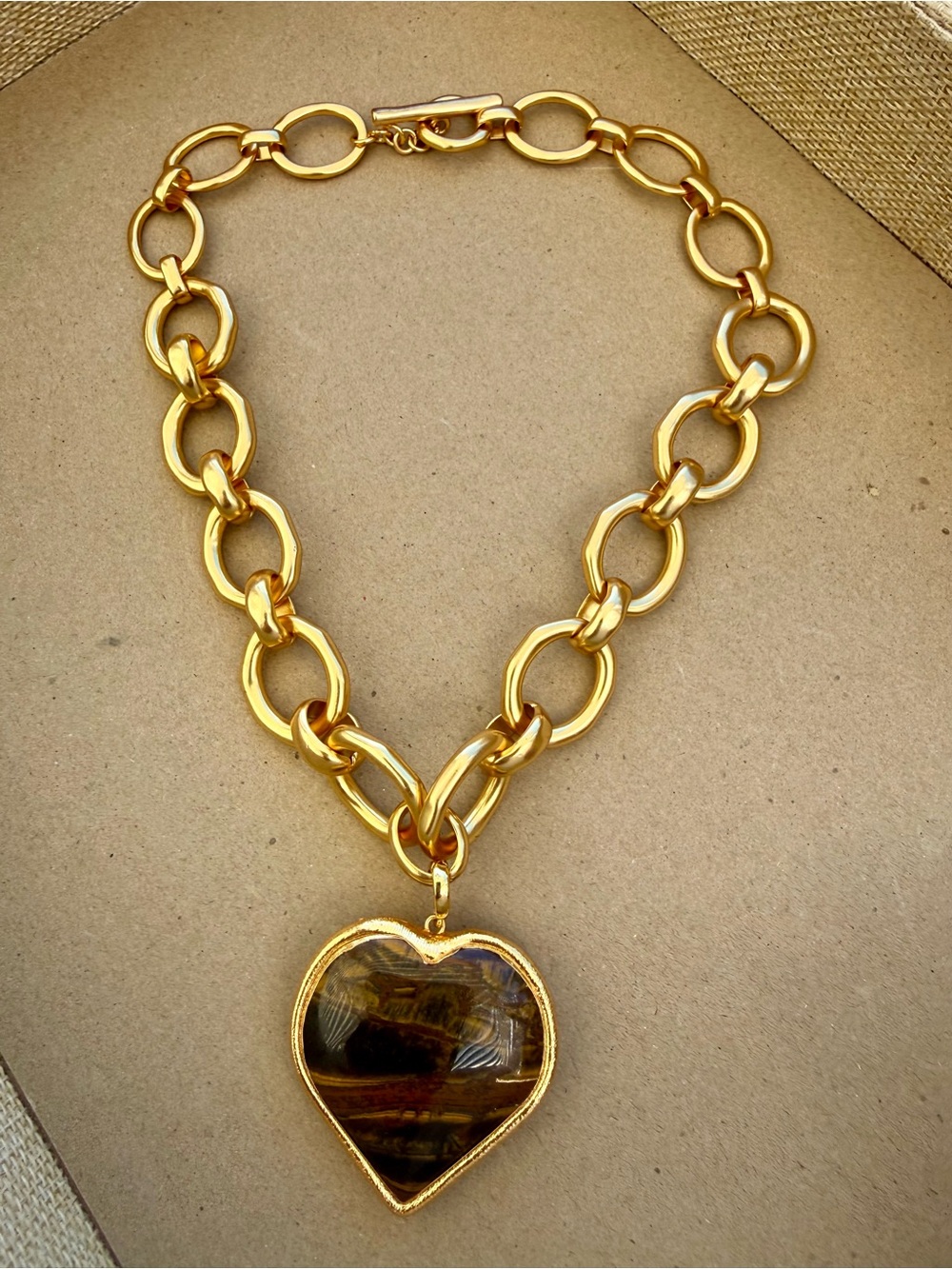 Gold Chain Necklace with Brown Heart Pendant